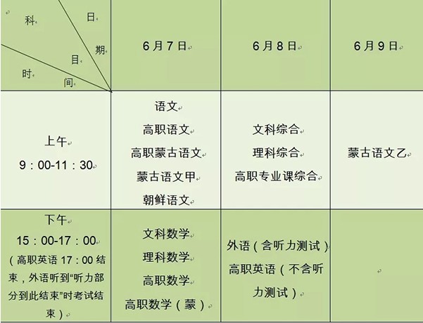 内蒙古2019高考具体时间安排