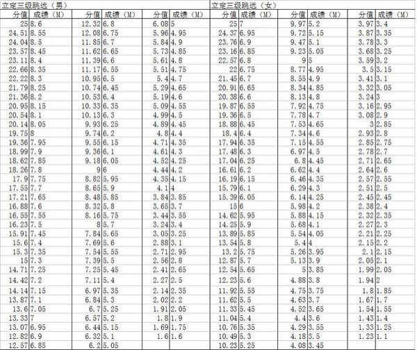 高考体育四项评分标准