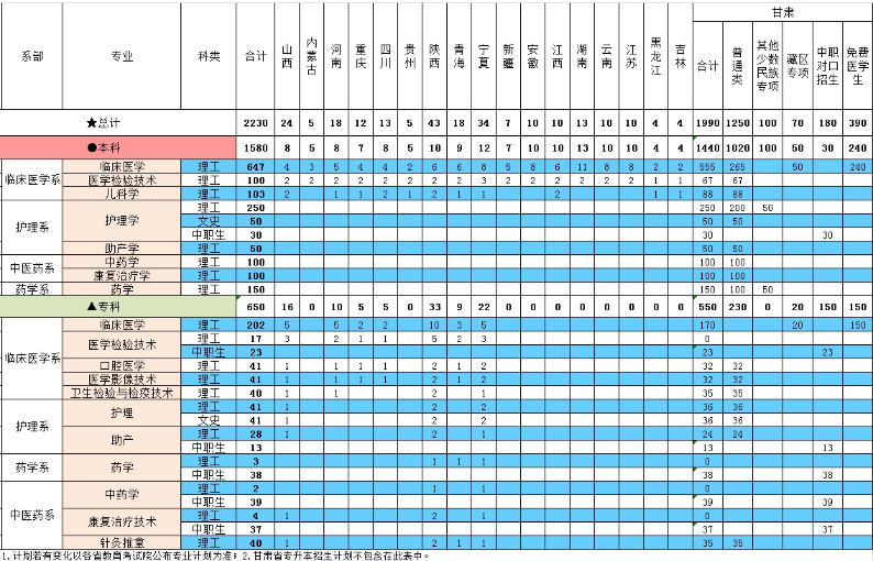 甘肃医学院招生计划2020