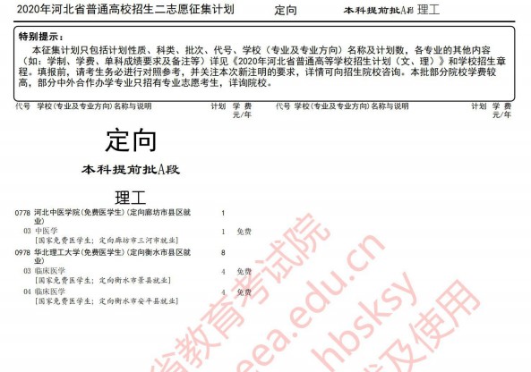 2020河北省本科提前批征集志愿招生计划