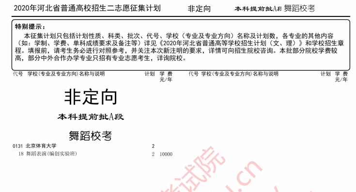 2020河北省本科提前批舞蹈类征集志愿招生计划